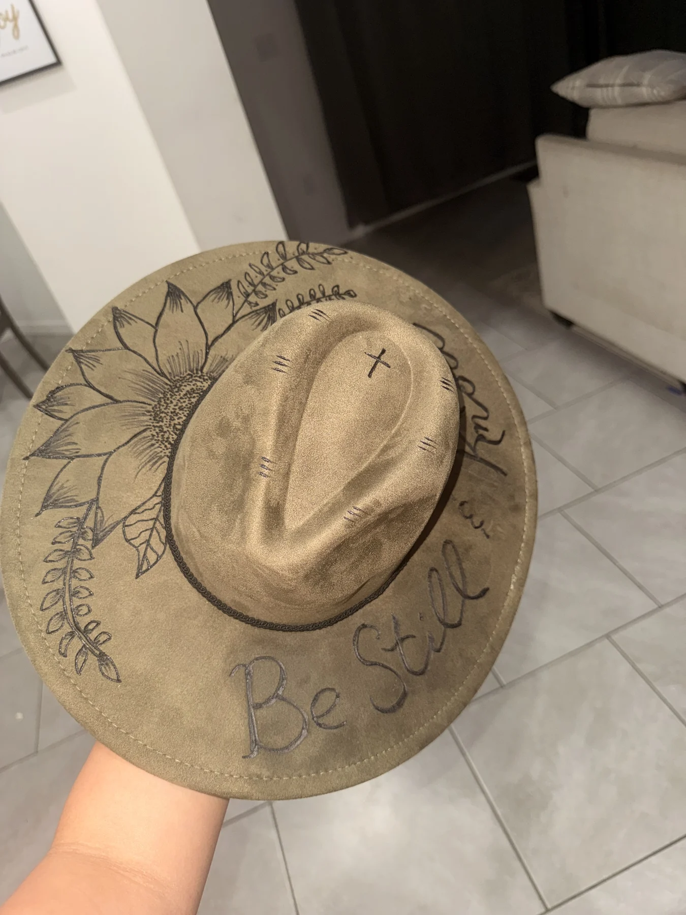 Olive taupe wide-brim hat with Be Still faith etching